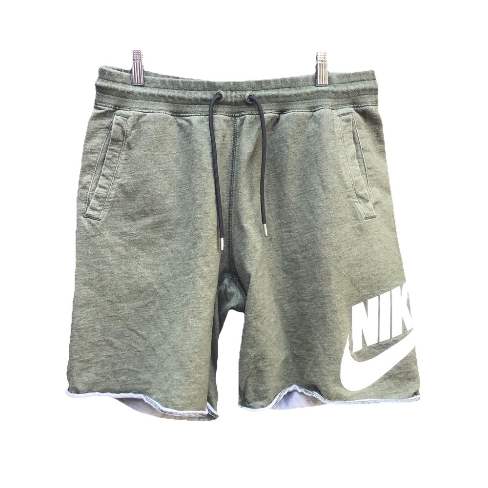 Nike Sportswear Alumni Fleece Shorts Big Swoosh Men's Large Olive Green Raw Hem